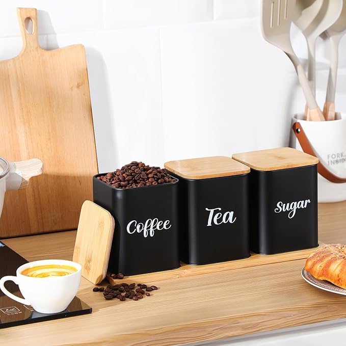 Tioncy Coffee Tea Sugar Container with Tray Set of 3 Airtight Metal Canister with Bamboo Lid Tray for Kitchen Counter Dining Room Farm House Kitchen Style Drink Station Organizer Set (Black) - Image 3