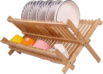 Collapsible Bamboo Dish Drying Rack - 2 Tier Space Saving Kitchen Counter Organizer, Holds 19 Plates, Bowls & Utensils (17.8"x10.23"x9.25")