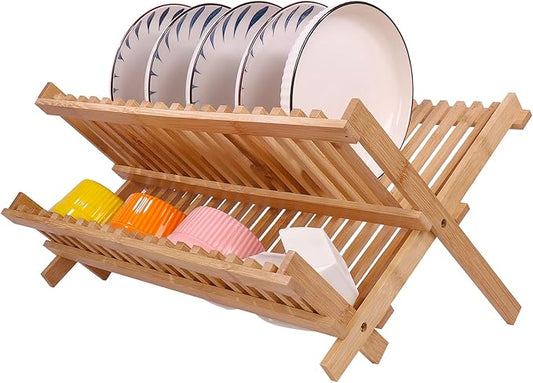 Collapsible Bamboo Dish Drying Rack - 2 Tier Space Saving Kitchen Counter Organizer, Holds 19 Plates, Bowls & Utensils (17.8"x10.23"x9.25")