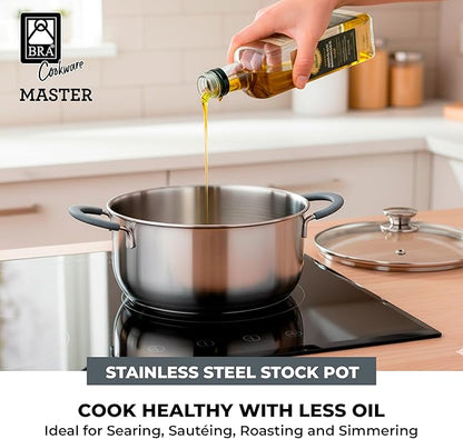 BRA COOKWARE Master Stainless Steel Stock Pot w/Glass Lid | 8 Inch 2.4 Quart Premium 18/10 Cooking Pot | PFAS Free Deep Pot | Silicone Coated Handles | All Cooktops (incl. Induction) | Shiny Finish