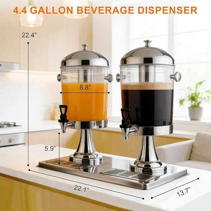 4.4 Gallon Iced Beverage Drink Dispenser, Stainless Steel Water Jar with Stand, Iced Beverage Drink Dispenser for Parties, Commercial Hot Cold Juice, Hot & Cold Drinks - Image 2