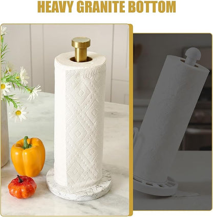 Koville Paper Towel Holder Countertop, Marble and Brass Standing Paper Roll Holder, Heavy Stone Paper Towel Holder with 6" Weighted Marble Base for Kitchen Bathroom(Arabescato Argento)
