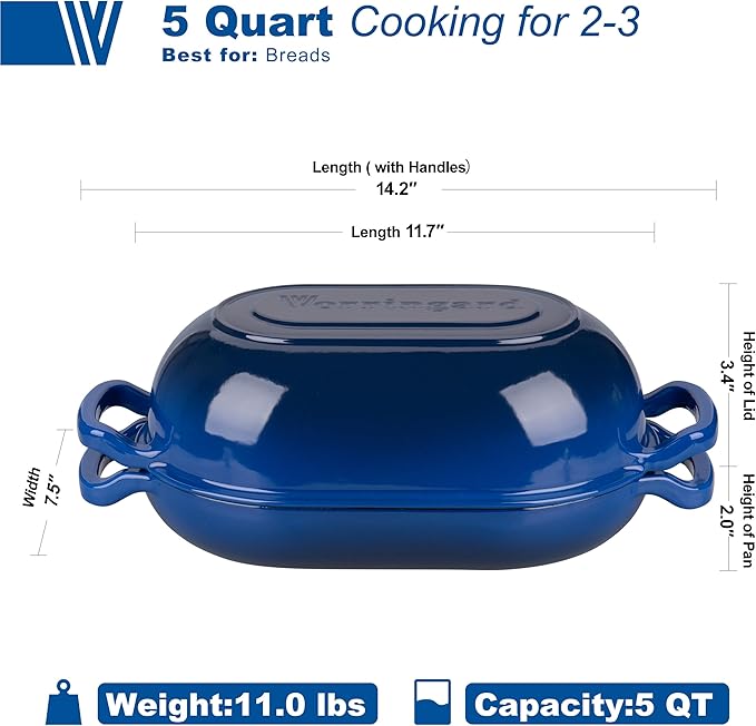 VORRINGARD Enameled Cast Iron Sourdough Bread Oven, Dutch Oven, Loaf Cast Iron Bread Pan for Homemade Bread Baking, Meatloaf Pan with Lid, 5QT, Blue - Image 2