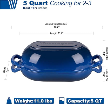 VORRINGARD Enameled Cast Iron Sourdough Bread Oven, Dutch Oven, Loaf Cast Iron Bread Pan for Homemade Bread Baking, Meatloaf Pan with Lid, 5QT, Blue - Image 2