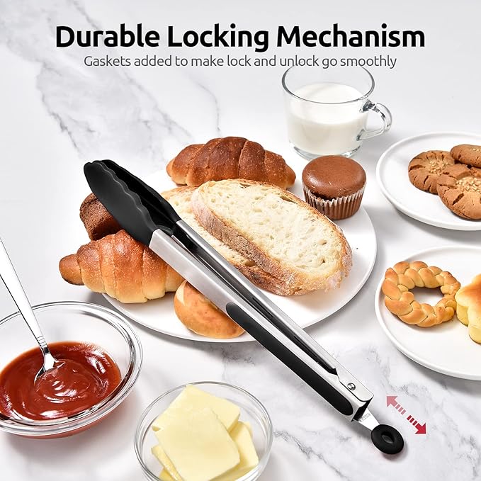 600ºF Heat Resistant Kitchen Tongs: U-Taste 12 inch Large Silicone Cooking Tong with Sturdy Non Stick Rubber Tips & Silicon Coated 18/8 Stainless Steel Handle & Smooth Locking for Serving Grill(Black) - Image 7