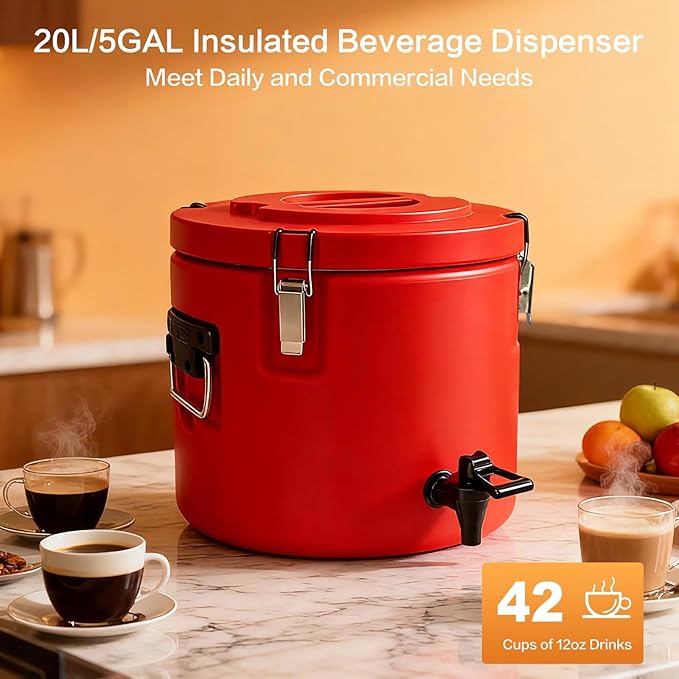 Insulated Beverage Dispenser,20L/5 Gallon Thermal Hot & Cold Drink Dispenser with 304 Stainless Steel Interior & Spout,Portable for Hot Tea Coffee Water Restaurant Drink Shop