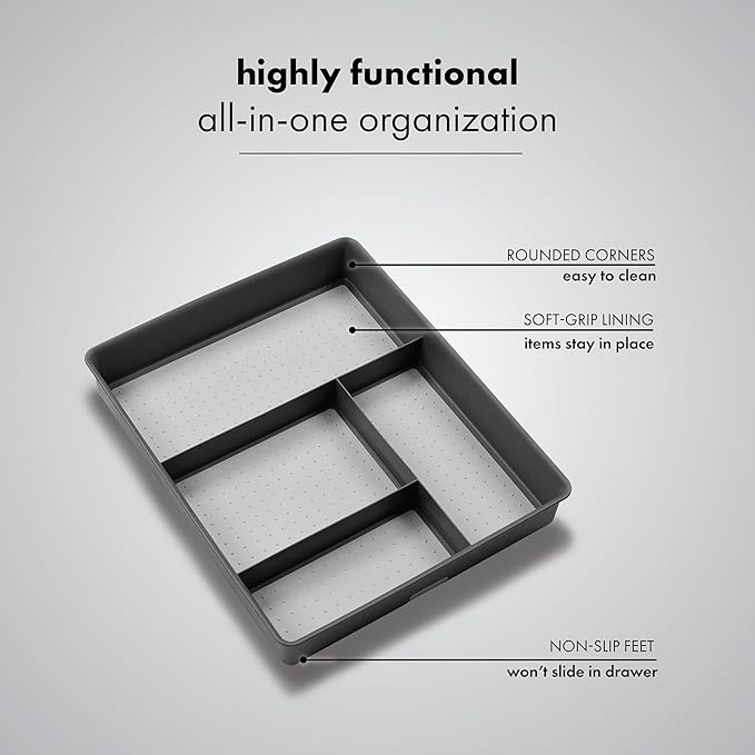 madesmart 4 Compartment Drawer Organizer, Multi Purpose Storage for Utensils, Office Tools, Cords, & Small Household Items, Tech Accessories, Arts & Crafts Supplies, Non Slip Lining, Granite - Image 2