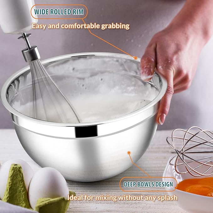 E-far Mixing Bowls with Teal Blue Lids Set of 5, Stainless Steel Mixing Bowls Metal Nesting Bowls with Airtight Covers for Cooking, Baking, Serving, Storage - Size 0.7/1/1.5/3/4.6QT - Dishwasher Safe - Image 5