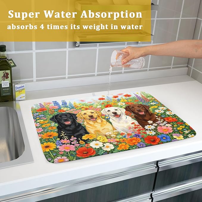 Spring Absorbent Drying Mat Colorful Flowers Dog Dish Drying Mat for Kitchen Counter 18 X 24 In - Image 7