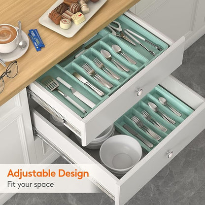 Lifewit Silverware Drawer Organizer, Expandable Utensil Tray for Kitchen, BPA Free Flatware and Cutlery Holder, Adjustable Plastic Storage for Spoons Forks Knives, 13-22 x 15", Turquoise - Image 8