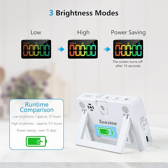 (2 Packs) Rechargeable Timers，Digital Kitchen Timer with 10 Dynamic RGB Color, Magnetic Classroom Timer with Countdown/up with 5”LED Display 3 Brightness 4 Volume Adjustable - Image 4