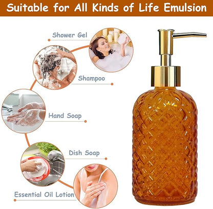 Glass Soap Dispenser with Gold Plastic Pump, 13.5oz Refillable Liquid Hand Soap Dispenser, Crystal Lotion Bottle for Modern Home Decor, Bathroom, Kitchen Countertop, Hotel(Orange)