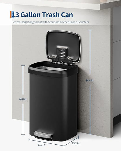 Garvee 13 Gal / 50L Large Plastic Trash Can for Kitchen, Step-On with Soft Close Lid, Liner Rim, Rustproof Garbage Bin, Rear Handle, Matte Black - Image 6