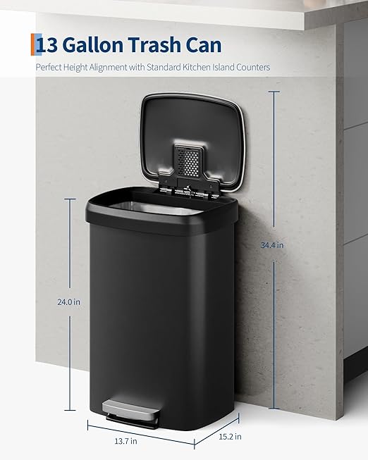 Garvee 13 gal / 50 L Plastic Trash Can with Lid, Large Garbage Can for Kitchen, Rustproof Step-on Kitchen Trash Bin with Liner Rim, Rear Handle, Soft Close Lid, Black - Image 5