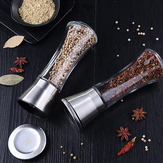 Elegant Pepper and Salt Grinder Set of 2, Best Spice Mill with Brushed Stainless Steel Cap, Ceramic Blades, Adjustable Coarseness, and Refillable Tall Glass Body with 6OZ Capacity (7.5"). - Image 7