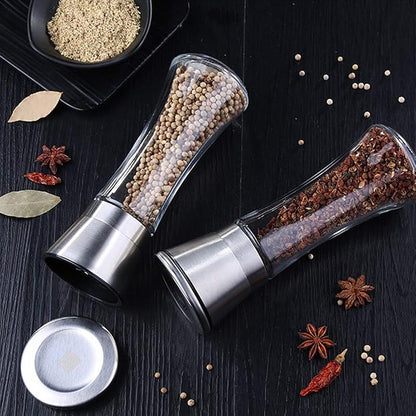 Elegant Pepper and Salt Grinder Set of 2, Best Spice Mill with Brushed Stainless Steel Cap, Ceramic Blades, Adjustable Coarseness, and Refillable Tall Glass Body with 6OZ Capacity (7.5"). - Image 7