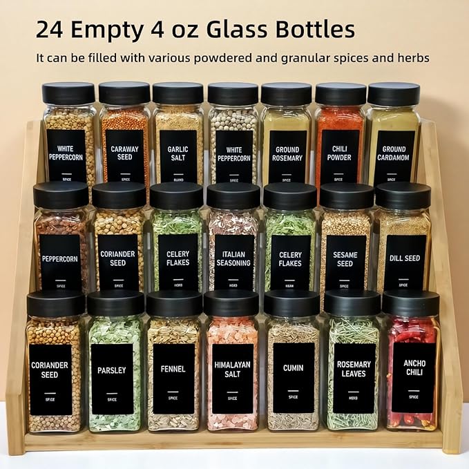 Spice Jars with Labels - 24 Glass Spice with Shaker Lids & Airtight Plastic Caps - 4oz Complete Seasoning Containers Organizer Set for Cabinet, Drawer & Rack (Black) - Image 2