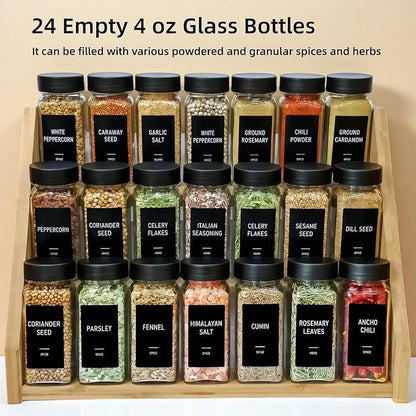 Spice Jars with Labels - 24 Glass Spice with Shaker Lids & Airtight Plastic Caps - 4oz Complete Seasoning Containers Organizer Set for Cabinet, Drawer & Rack (Black) - Image 2