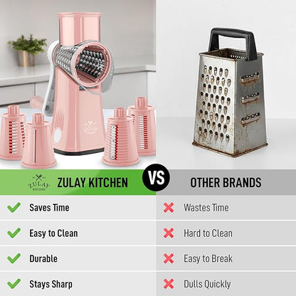 Zulay Kitchen Rotary Cheese Grater 5 Blade Cheese Shredder - Manual Hand Crank Cheese Grater With Reinforced Suction & 5 Interchangeable Drums - Easy to Use, Vegetable Chopper Round Mandoline Slicer - Image 2