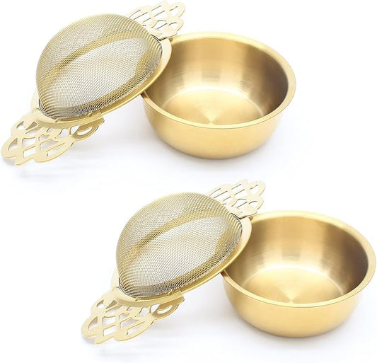 Bonsicoky 4 Pack Tea Strainer Bowl, Stainless Steel Loose Leaf Tea Filter for 2.5-4 Inch Cup Mouth, Gold