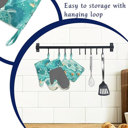 Beach Starfish Sea Turtle Oven Mitts and Pot Holders Sets of 4 Coastal Shell Heat Resistant Silicone Oven Mits Gloves Non-Slip Kitchen Mittens Potholders for Cooking Baking Grilling BBQ