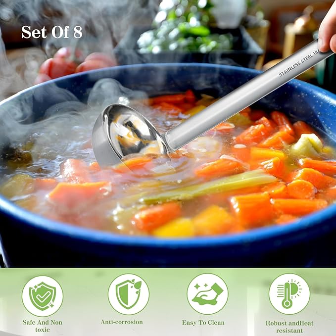8pcs Stainless Steel Ladle 2 Oz Soup Ladle 10" long Spoon Heavy-Duty Metal Spoon Sets big spoons for cooking Serving Soups, Gravy, Portioning, Stirring - Image 4