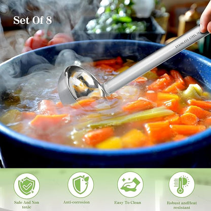 8pcs Stainless Steel Ladle 2 Oz Soup Ladle 10" long Spoon Heavy-Duty Metal Spoon Sets big spoons for cooking Serving Soups, Gravy, Portioning, Stirring - Image 4