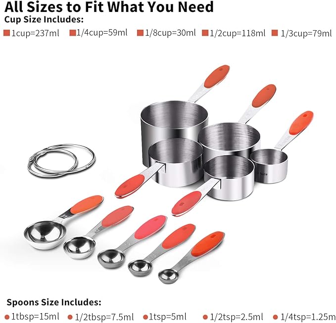 Measuring Cups : U-Taste 18/8 Stainless Steel Measuring Cups and Spoons Set of 10 Piece, Upgraded Thickness Handle(Red) - Image 2