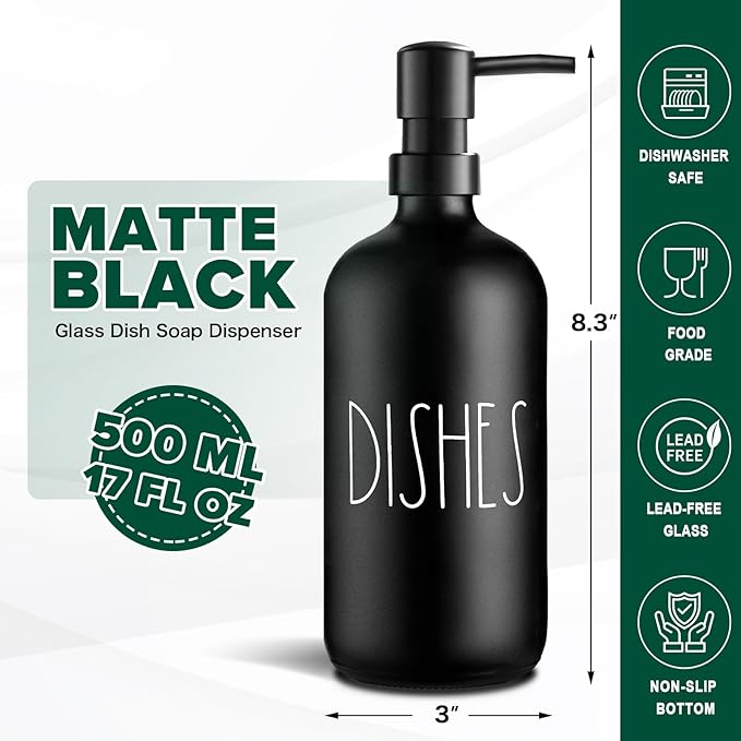 VIMERPA Dish Soap Dispenser, Matte Black Soap Dispenser for Kitchen, Glass Dishes Soap Dispenser with Plastic Pump, 17 Fl Oz Refillable Liquid Soap Bottle Container, Farmhouse Kitchen Decor - Image 8