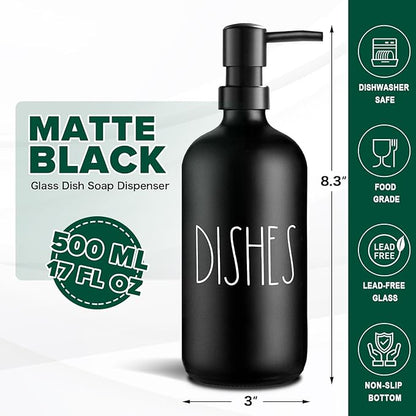 VIMERPA Dish Soap Dispenser, Matte Black Soap Dispenser for Kitchen, Glass Dishes Soap Dispenser with Plastic Pump, 17 Fl Oz Refillable Liquid Soap Bottle Container, Farmhouse Kitchen Decor - Image 8