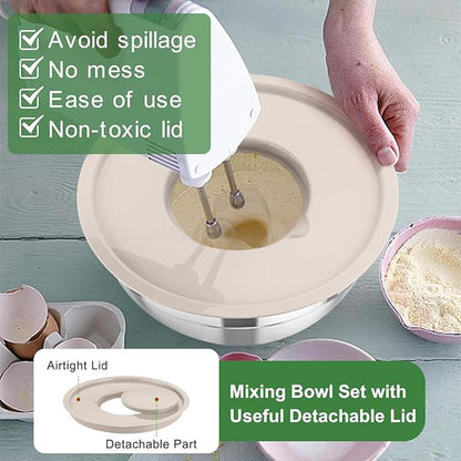 TeamFar Mixing Bowls with Airtight Lids, 5PCS Stainless Steel Metal Salad Bowl with 3 Grater Attachments, for Cooking, Prepping, Serving, Healthy & Easy Clean - 0.7/1/1.5/2.6/4.6QT, Khaki - Image 6