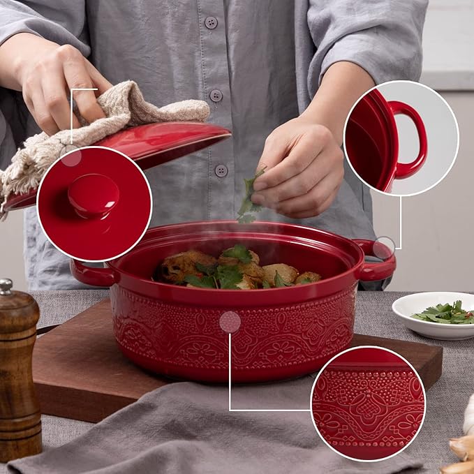 FUN ELEMENTS Casserole Dish, 2 Quart Lace Emboss Casserole Dish with Lid, Oven to Table Ceramic Round Serving Dish with Handles for Dinner and Party, Thanksgiving Christmas Gifts(Christmas Red) - Image 3
