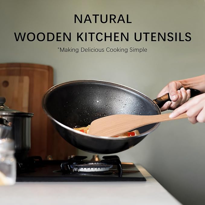 2PCS Wooden Spatulas for Cooking, 13inch Uncoated Beech Wood Turners for Frying, Non-Scratch Wood Flat Spurtle for Pan & Wok, Wooden Cooking Utensils for Non Stick Cookware, Long Handle Scraper - Image 5