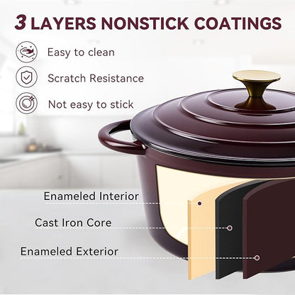 Miereirl 4.5 Quart Enameled Dutch Oven Pot with Lid, Cast Iron Dutch Oven with Dual Handles for Bread Baking, Cooking, Non-stick Enamel Coated Cookware, Fig - Image 6