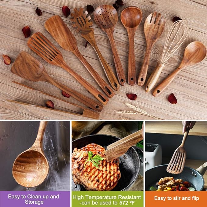 Kitchen Utenails Set with Holder,Kitchen Wooden Utensils for Cooking, Wood Utensil Natural Teak Wood Spoons for Cooking,Wooden Kitchen Utensil Set With Spatula and Ladle (11) - Image 3