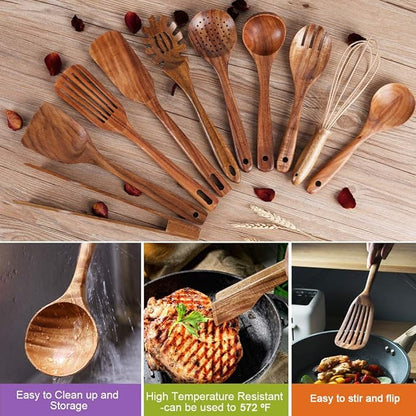 Kitchen Utenails Set with Holder,Kitchen Wooden Utensils for Cooking, Wood Utensil Natural Teak Wood Spoons for Cooking,Wooden Kitchen Utensil Set With Spatula and Ladle (11) - Image 3