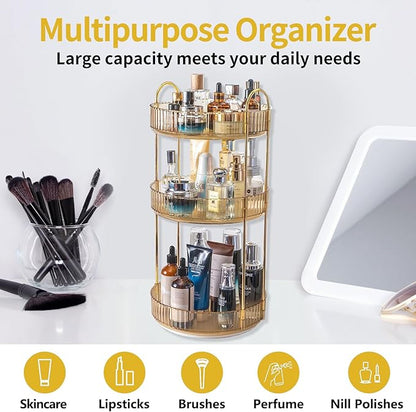 Asayuee 360 Rotating Makeup Organizer for Vanity,3 Tier Large Capacity Vanity Storage,Skincare Perfume Spinning Organizer,Bathroom Cosmetics Storage Makeup Stand Organizer (Gold-3 Tier) - Image 6