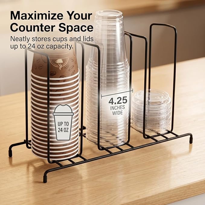 QWORK Wire Frame Cup and Lid Organizer, 3 Compartment Metal Wire Rack for Coffee Station Plastic Beverage Cups and Lids Countertop Storage Holder Black Steel Cup Dispenser