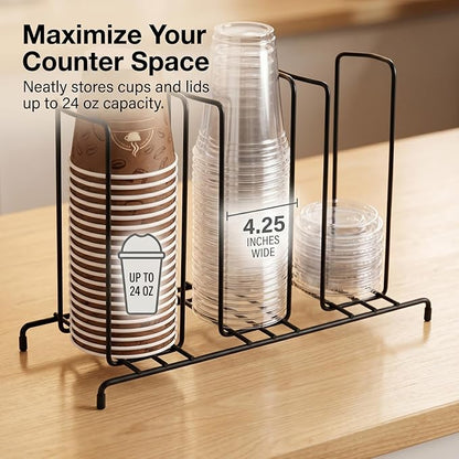 QWORK Wire Frame Cup and Lid Organizer, 3 Compartment Metal Wire Rack for Coffee Station Plastic Beverage Cups and Lids Countertop Storage Holder Black Steel Cup Dispenser