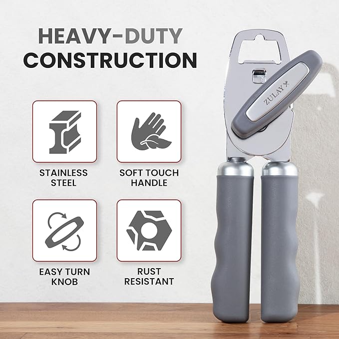 Zulay Kitchen Heavy Duty Stainless Steel Can Opener Manual with Bottle Opener - Rust Proof Manual Can Opener With Turn Knob & Comfy Soft Grip Handles - Gray - Image 3