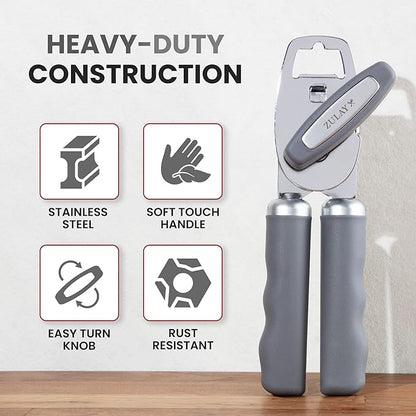 Zulay Kitchen Heavy Duty Stainless Steel Can Opener Manual with Bottle Opener - Rust Proof Manual Can Opener With Turn Knob & Comfy Soft Grip Handles - Gray - Image 3