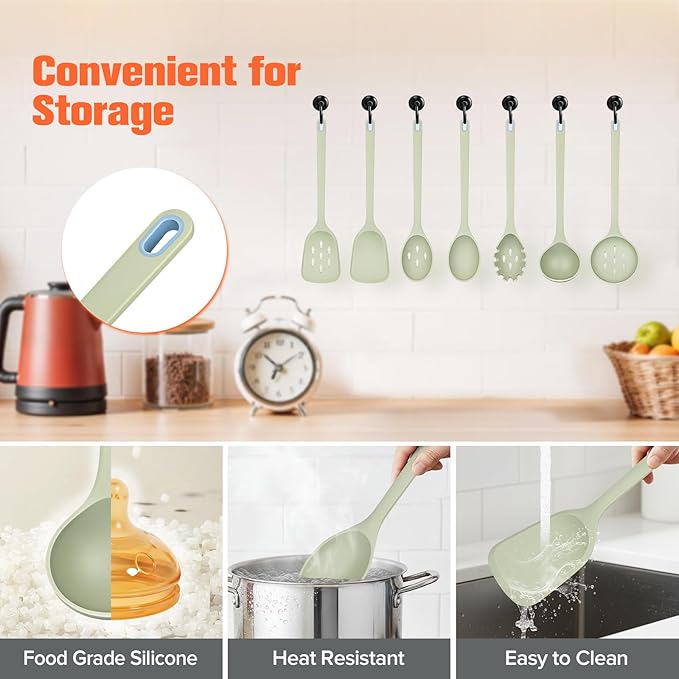Large Silicone Utensils Set of 7 for Cooking,No Scratch for Nonstick Cookware,Pasta Server,Spaghetti Spoon,Slotted Spoon&Spatula,Solid Spoon&Spatula,Skimmer,Soup Ladle BPA Free Heat Resistant (Green) - Image 5