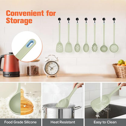 Large Silicone Utensils Set of 7 for Cooking,No Scratch for Nonstick Cookware,Pasta Server,Spaghetti Spoon,Slotted Spoon&Spatula,Solid Spoon&Spatula,Skimmer,Soup Ladle BPA Free Heat Resistant (Green) - Image 5
