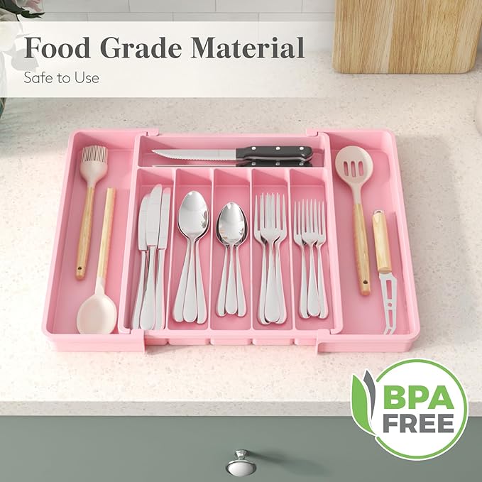 Lifewit Silverware Drawer Organizer, Expandable Utensil Tray for Kitchen, BPA Free Flatware and Cutlery Holder, Adjustable Plastic Storage for Spoons Forks Knives, 10.9"-17.5" x 13.7", Pink - Image 7