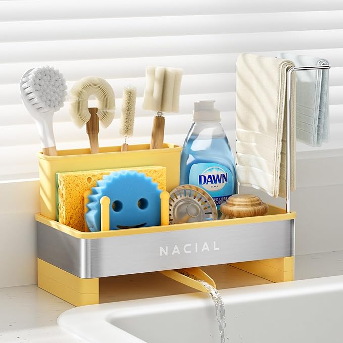 Nacial Sponge Holder for Kitchen Sink, Sink Caddy Organizer with High Brush Holder & Two Towel Racks - Rustproof 304 Stainless Steel Kitchen Countertop Storage Essentials - Yellow by NacialPromise-Consumersfirstalways
