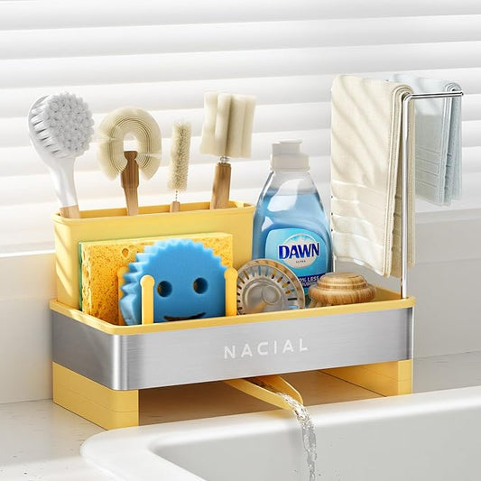 Nacial Sponge Holder for Kitchen Sink, Sink Caddy Organizer with High Brush Holder & Two Towel Racks - Rustproof 304 Stainless Steel Kitchen Countertop Storage Essentials - Yellow by NacialPromise-Consumersfirstalways
