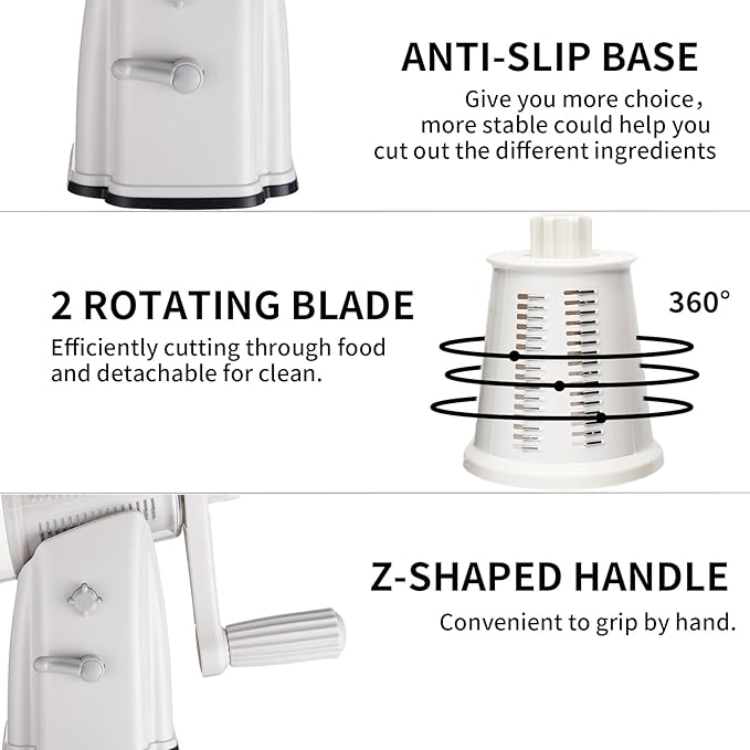 Upgrade Rotary Cheese Grater Shredder with Handle, Strong Suction Base, Multi-purpose Rotary Grater Slicer with 5 Interchangeable Blades for Ice, Vegetables, Fruit, Nuts with Blade Storage Box - Image 6