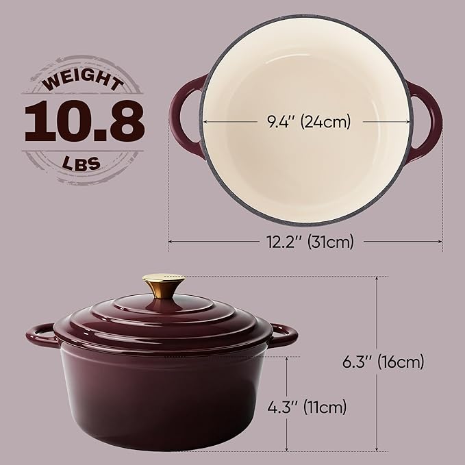 Vintage Style 4.5 Quart Dutch Oven Pot with Lid, Non Stick Enameled Cast Iron Dutch Oven for Bread Baking, Heavy-Duty, Oven Safe Ceramic Cookware Up to 500°F for Baking, Braising, Stews, Roasting, Fig - Image 4