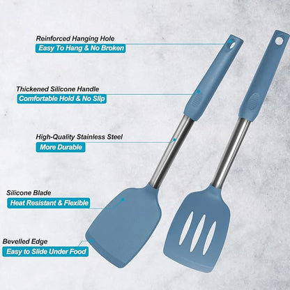 2 Pack Spatulas, Solid & Slotted Silicone Spatula Set, Stainless Steel Handle Coated with Silicone, Non Stick, Heat Resistant Rubber Flipper for Fish, Eggs, Pancakes, WOK, Starry Blue - Image 3