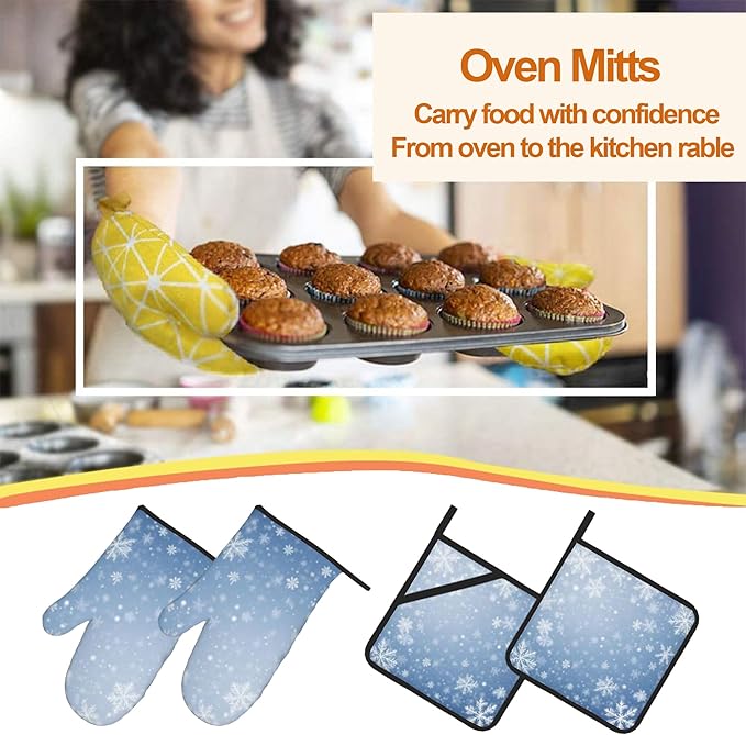 Winter Snowflakes Oven Mitts and Heat Resistant Pads - Heat Resistant Gloves Potholder Set of 4 for Cooking, BBQ, Gifts for Women